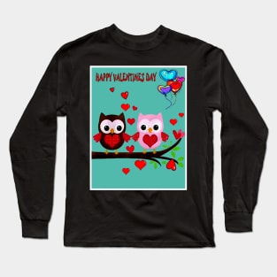 Happy Valentines Day Love Owls Abstract Card Print Long Sleeve T-Shirt